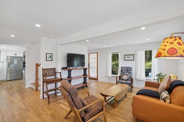 Interior, Kitchen, Living room, Recessed Lighting, Stainless Steel Appliances, Wood Texture Flooring