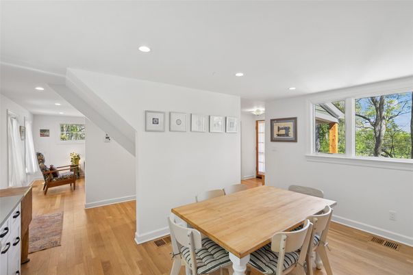 Dining room, Interior, Recessed Lighting, Wood Texture Flooring