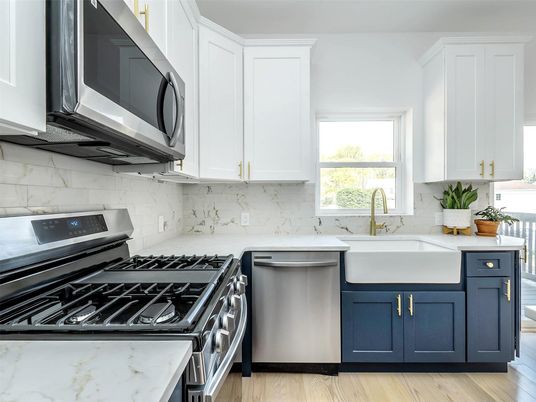 Interior, Kitchen, Marble Walls, Stainless Steel Appliances, Wood Texture Flooring