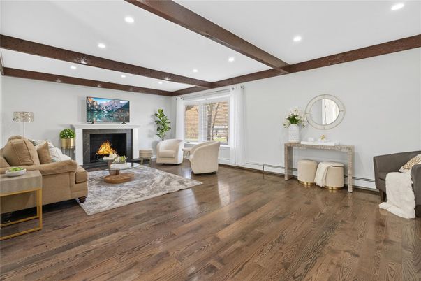 Fireplace, Interior, Living room, Recessed Lighting, Wooden Beams, Wood Texture Flooring