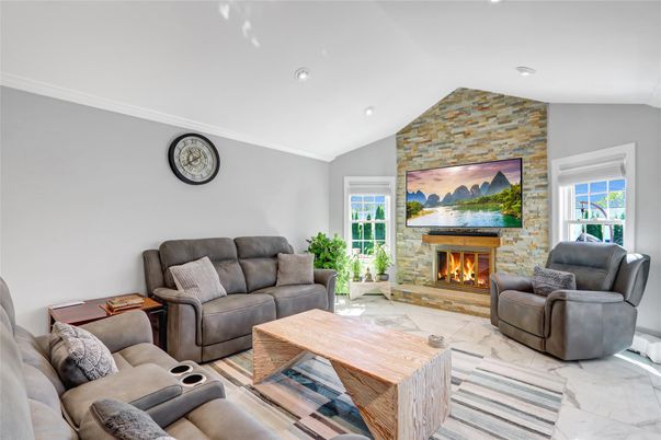Fireplace, Interior, Living room, Marble, Recessed Lighting, Stone Walls