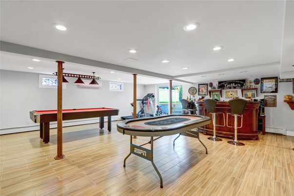 Billiard Table, Fitness Equipment, Game Room, Interior, Recessed Lighting, Wood Texture Flooring