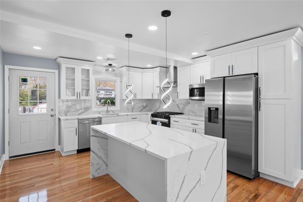 Interior, Kitchen, Pendant Lights, Recessed Lighting, Stainless Steel Appliances, Wood Texture Flooring