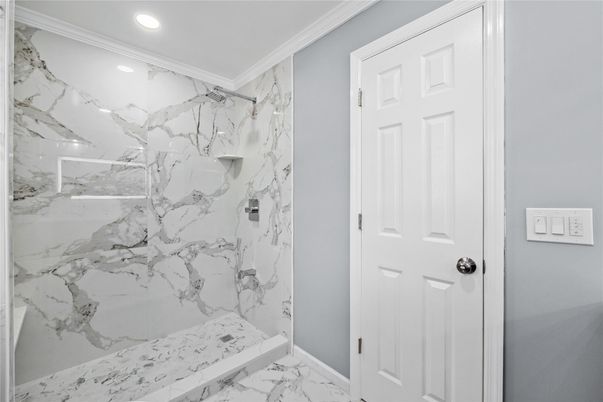 Bathroom, Glass Shower, Interior, Marble, Marble Walls, Recessed Lighting