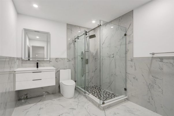Bathroom, Glass Shower, Interior, Marble, Marble Walls, Recessed Lighting