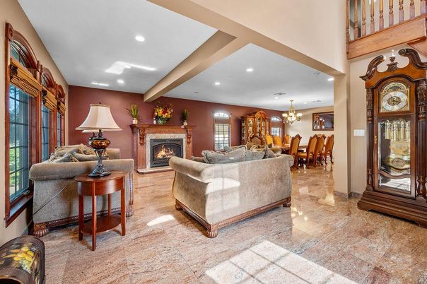 Chandelier, Dining room, Fireplace, Interior, Living room, Recessed Lighting, Wooden Beams