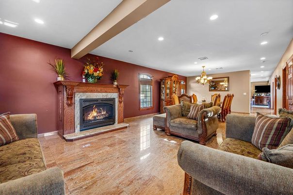 Chandelier, Dining room, Fireplace, Interior, Living room, Recessed Lighting