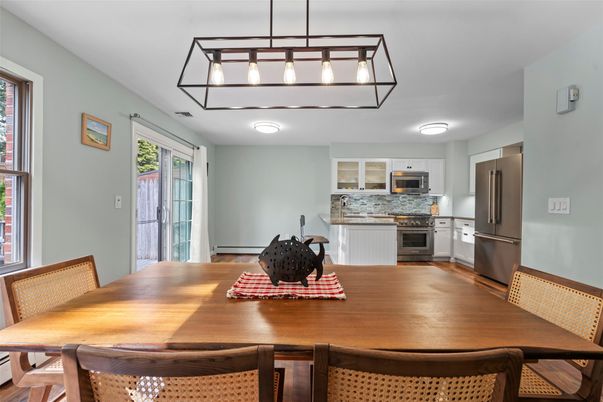 Dining room, Interior, Kitchen, Pendant Lights, Stainless Steel Appliances, Wood Texture Flooring
