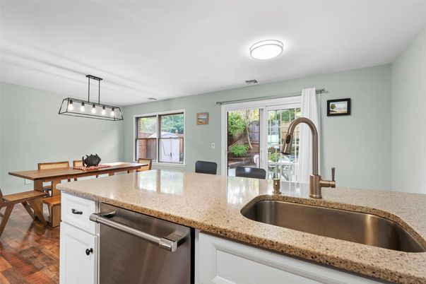 Dining room, Interior, Kitchen, Pendant Lights, Wood Texture Flooring