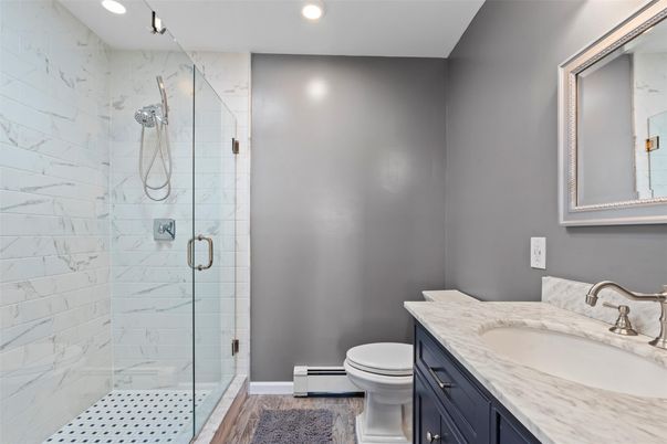 Bathroom, Glass Shower, Interior, Marble Walls, Recessed Lighting