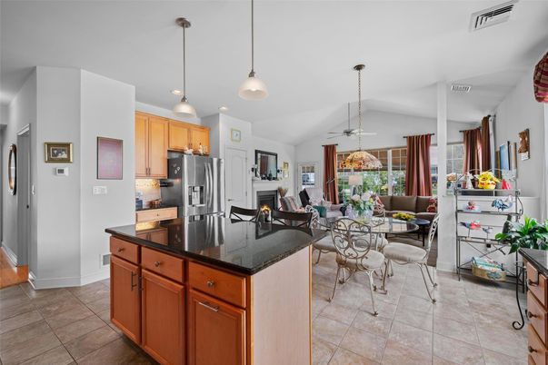 Dining room, Fireplace, Interior, Kitchen, Living room, Pendant Lights, Recessed Lighting