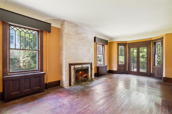 Empty room, Fireplace, Interior, Stone Walls, Wood Texture Flooring