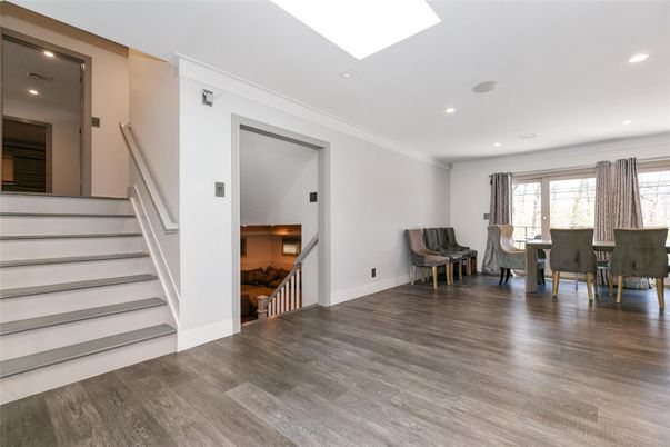 Dining room, Interior, Recessed Lighting, Wood Texture Flooring