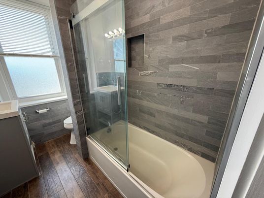 Bathroom, Glass Shower, Interior, Wood Texture Flooring, Wooden Walls