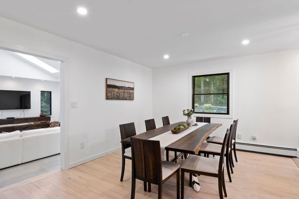 Dining room, Interior, Living room, Recessed Lighting, Wood Texture Flooring