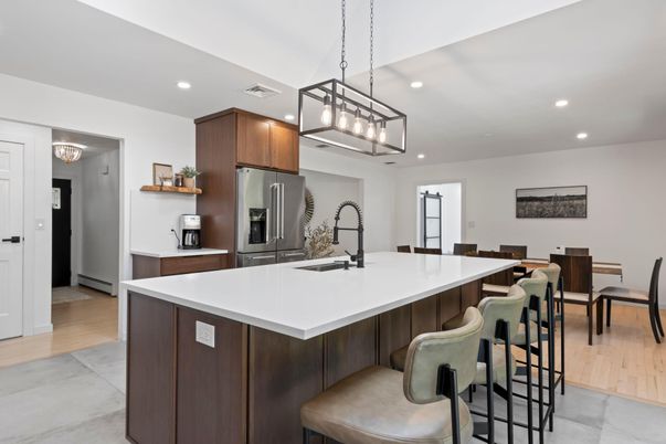 Dining room, Interior, Kitchen, Pendant Lights, Recessed Lighting, Stainless Steel Appliances, Wood Texture Flooring