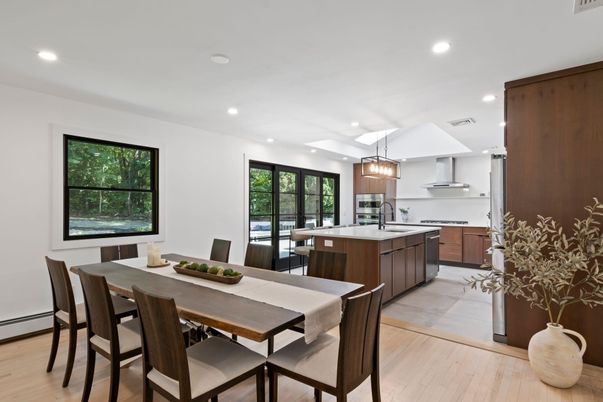 Dining room, Interior, Kitchen, Pendant Lights, Recessed Lighting, Stainless Steel Appliances, Wood Texture Flooring