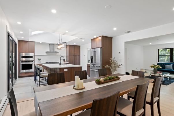 Dining room, Interior, Kitchen, Living room, Pendant Lights, Recessed Lighting, Stainless Steel Appliances, Wood Texture Flooring