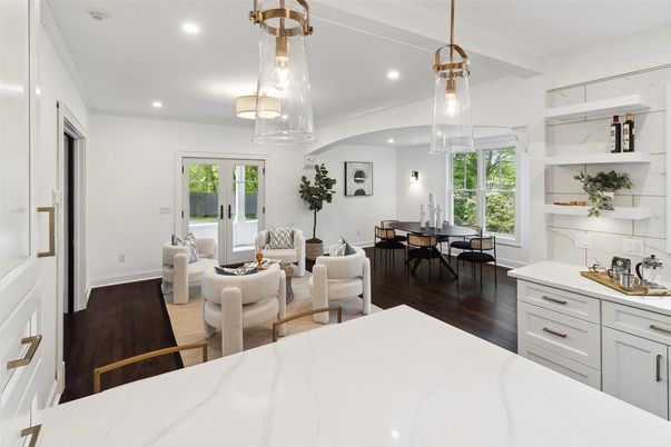 Dining room, Interior, Living room, Pendant Lights, Recessed Lighting, Wood Texture Flooring