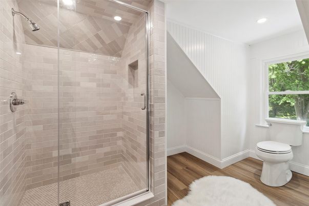 Bathroom, Glass Shower, Interior, Recessed Lighting, Wood Texture Flooring
