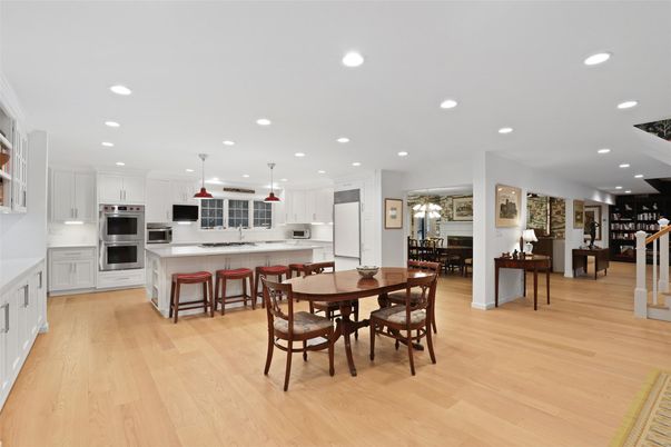 Dining room, Interior, Kitchen, Pendant Lights, Recessed Lighting, Stainless Steel Appliances, Wood Texture Flooring