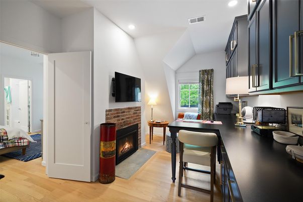 Fireplace, Home Office, Interior, Recessed Lighting, Wood Texture Flooring
