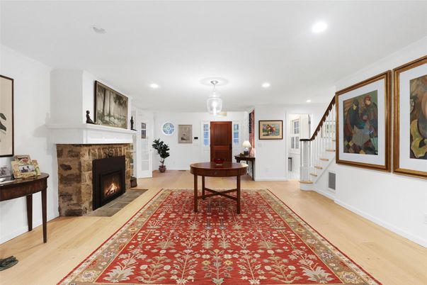 Fireplace, Interior, Pendant Lights, Recessed Lighting, Wood Texture Flooring