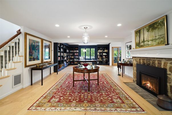Fireplace, Interior, Pendant Lights, Recessed Lighting, Wood Texture Flooring
