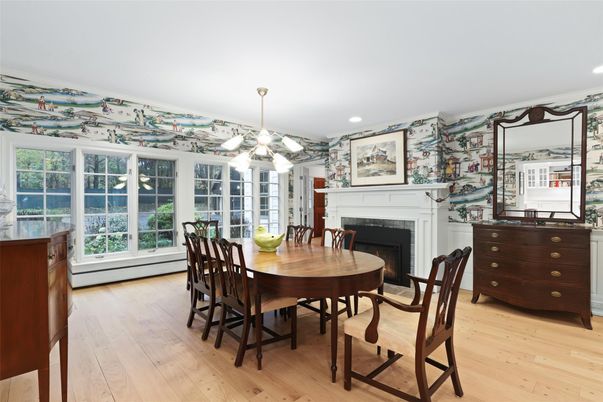 Dining room, Fireplace, Interior, Pendant Lights, Recessed Lighting, Wood Texture Flooring
