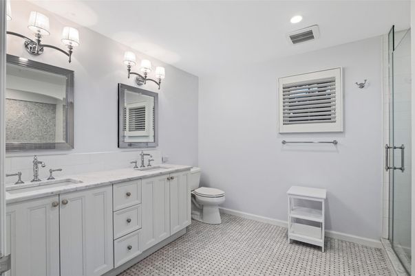 Bathroom, Dual Sink Vanities, Glass Shower, Interior, Recessed Lighting