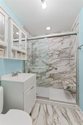 Bathroom, Glass Shower, Interior, Marble, Marble Walls, Recessed Lighting