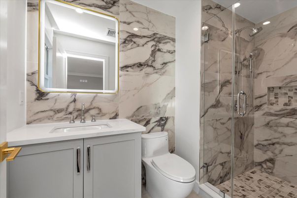 Bathroom, Glass Shower, Interior, Marble Walls