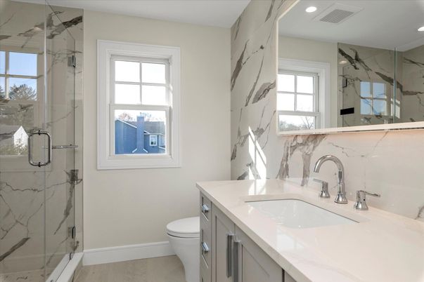 Bathroom, Glass Shower, Interior, Marble Walls, Recessed Lighting