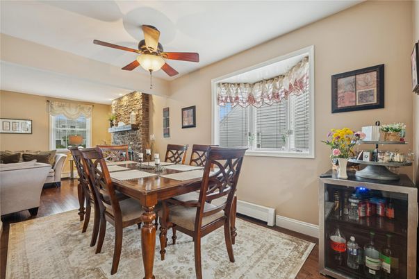 Dining room, Fireplace, Interior, Stone Walls, Wood Texture Flooring