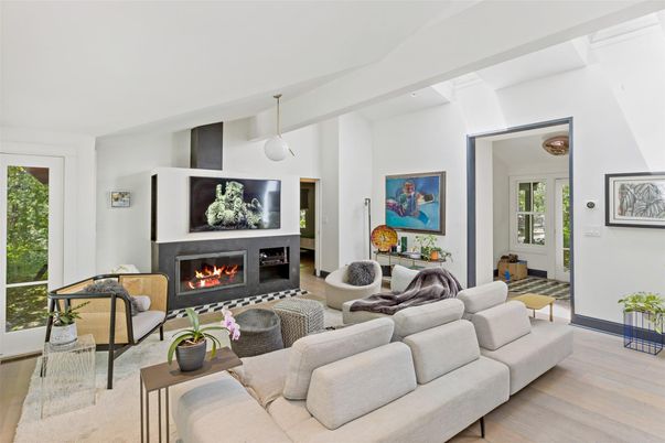 Fireplace, Interior, Living room, Pendant Lights, Wood Texture Flooring