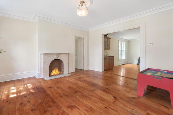 Empty room, Fireplace, Interior, Recessed Lighting, Wood Texture Flooring