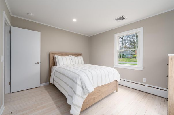Bedroom, Interior, Recessed Lighting, Wood Texture Flooring