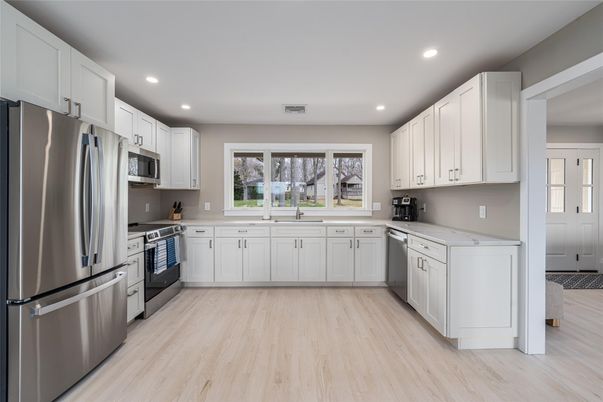 Interior, Kitchen, Recessed Lighting, Stainless Steel Appliances, Wood Texture Flooring