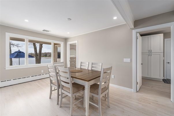 Dining room, Interior, Recessed Lighting, Wood Texture Flooring