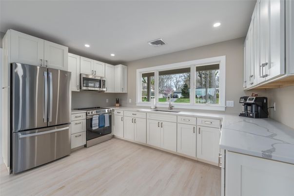 Interior, Kitchen, Recessed Lighting, Stainless Steel Appliances, Wood Texture Flooring