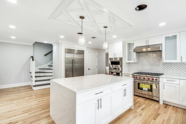 Interior, Kitchen, Pendant Lights, Recessed Lighting, Stainless Steel Appliances, Wood Texture Flooring