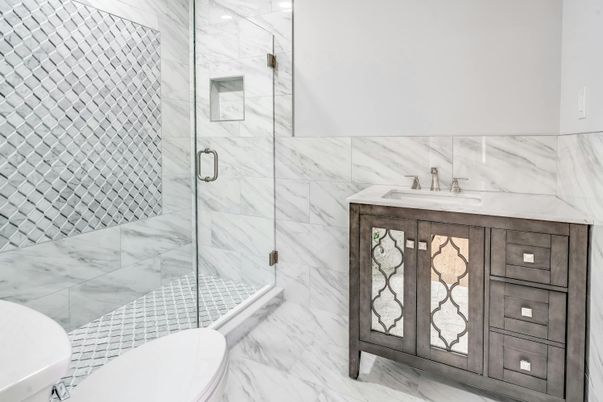 Bathroom, Glass Shower, Interior, Marble, Marble Walls