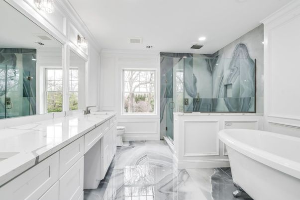Bathroom, Dual Sink Vanities, Free Standing Baths, Glass Shower, Interior, Marble, Recessed Lighting