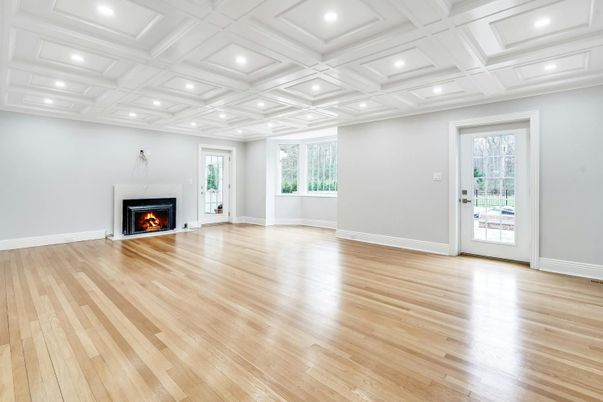 Empty room, Fireplace, Interior, Recessed Lighting, Wood Texture Flooring