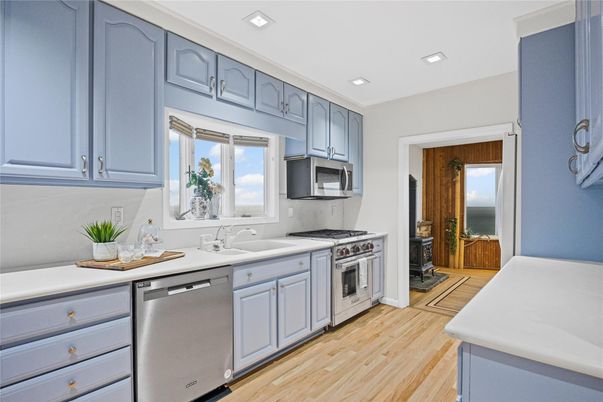 Interior, Kitchen, Recessed Lighting, Stainless Steel Appliances, Wood Texture Flooring