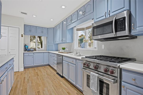 Interior, Kitchen, Recessed Lighting, Stainless Steel Appliances, Wood Texture Flooring