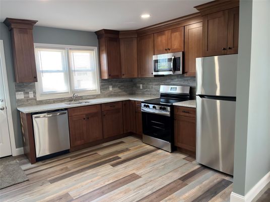 Interior, Kitchen, Recessed Lighting, Stainless Steel Appliances, Wood Texture Flooring