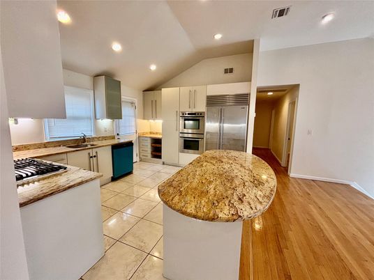 Interior, Kitchen, Recessed Lighting, Stainless Steel Appliances, Wood Texture Flooring