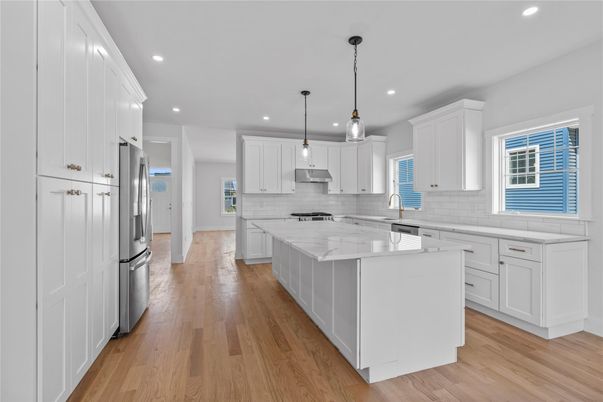 Interior, Kitchen, Pendant Lights, Recessed Lighting, Stainless Steel Appliances, Wood Texture Flooring