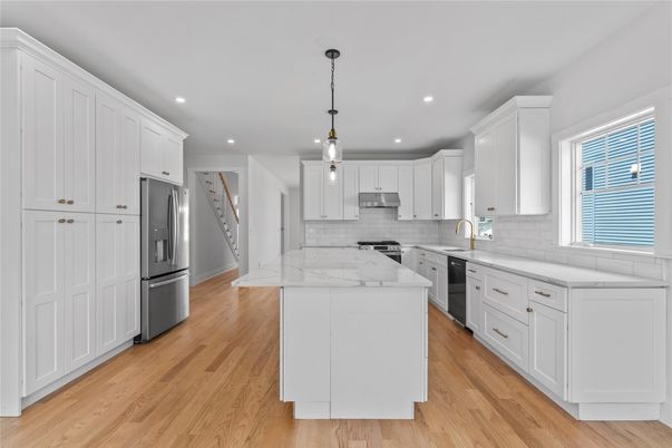 Interior, Kitchen, Pendant Lights, Recessed Lighting, Stainless Steel Appliances, Wood Texture Flooring